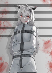  alternate_eye_color animal_ears arknights bad_id bad_pixiv_id belt black_belt bound commentary cowboy_shot crotch_strap drop_shadow female hair_ornament hairclip highres huimise lappland_(arknights) long_sleeves looking_at_viewer orange_eyes photoshop_(medium) restrained scar scar_across_eye scar_on_face smile solo standing straitjacket tied_up_(nonsexual) white_hair wolf_ears 