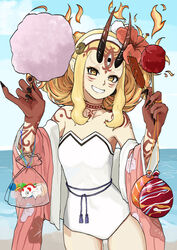  absurdres bag bagged_fish bare_shoulders beach blonde_hair blue_sky breasts candy_apple cotton_candy day facial_mark fate/grand_order fate_(series) female fingernails fish floral_print food forehead forehead_mark goldfish grin hairband highres horns ibaraki_douji_(fate) ibaraki_douji_(swimsuit_lancer)_(fate) ibaraki_douji_(swimsuit_lancer)_(second_ascension)_(fate) japanese_clothes kimono long_hair long_sleeves looking_at_viewer off_shoulder one-piece_swimsuit oni oni_horns open_clothes open_kimono pink_kimono pointy_ears sanada_ina sausage sharp_fingernails sidelocks skewer sky small_breasts smile strapless strapless_one-piece_swimsuit swimsuit tattoo water_balloon white_one-piece_swimsuit wide_sleeves yellow_eyes 