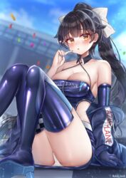  absurdres artist_name asymmetrical_gloves azur_lane back_cutout bare_shoulders belt black_hair blue_nails blush boots breasts cleavage clothing_cutout confetti cosplay dress enterprise_(azur_lane) enterprise_(azur_lane)_(cosplay) enterprise_(wind_catcher)_(azur_lane) female fingerless_gloves gloves halter_dress halterneck high_heels high_ponytail highres himeno_ame large_breasts long_hair looking_at_viewer microdress nail_polish official_alternate_costume outdoors panties pantyshot ponytail purple_dress purple_footwear race_queen racetrack single_fingerless_glove sitting solo takao_(azur_lane) thigh_boots thighhighs twitter_username underwear uneven_gloves very_long_hair white_belt white_panties yellow_eyes 