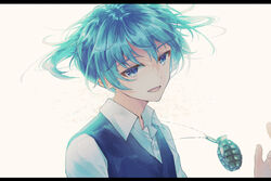  1boy ansatsu_kyoushitsu black_border black_jacket blue_eyes blue_hair blue_vest border buttons collared_shirt commentary_request explosive grenade jacket jewelry kunugigaoka_middle_school_uniform letterboxed looking_at_viewer looking_to_the_side male_focus necklace open_collar open_mouth school_uniform shiota_nagisa shirt short_hair simple_background solo suzuna_(fkpw5754) upper_body vest white_shirt 