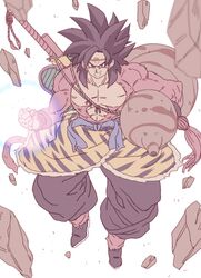  1boy arm_hair bad_id bad_twitter_id black_footwear black_hair black_pants blurry blurry_foreground body_fur boots circlet clenched_hands clenched_teeth cosplay debris depth_of_field dragon_ball dragon_ball_gt flying full_body gourd highres looking_at_viewer male_focus manly monkey_tail pants puffy_pants red_eyes sanpaku solo son_goku spiked_hair sun_wukong sun_wukong_(cosplay) super_saiyan super_saiyan_4 sword tail tasaka_shinnosuke teeth weapon 