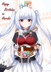  6+girls absurdres admiral_hipper_(warship_girls_r) akagi_(warship_girls_r) atlanta_(warship_girls_r) bikini bird blucher_(warship_girls_r) breasts cake commentary_request eagle essex_(warship_girls_r) food gloves highres juno_(warship_girls_r) kaga_(warship_girls_r) large_breasts multiple_girls prinz_eugen1938 prinz_eugen_(warship_girls_r) red_eyes shirt south_dakota_(warship_girls_r) surcouf_(warship_girls_r) swimsuit twintails warship_girls_r weibo_watermark white_gloves white_hair white_shirt 