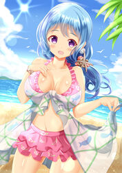  :d bang_dream! bare_shoulders beach bikini blue_hair blue_sky blush breasts cloud collarbone commentary_request cowboy_shot day female floral_print frilled_bikini frills hair_ornament hand_up highres horizon large_breasts long_hair looking_at_viewer matsubara_kanon navel ocean open_mouth outdoors pink_bikini print_bikini purple_eyes sand seashell_bracelet sky smile solo standing sun swimsuit water xenon_(for_achieve) 