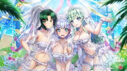  3girls bikini blue_eyes blue_hair blush breasts bridal_lingerie bridal_veil cleavage commentary_request dolphin_wave green_eyes green_hair hand_around_neck hand_on_another&#039;s_chest hand_on_own_hip harunami_anri highres jewelry kukuri_tomo large_breasts lingerie medium_breasts multiple_girls navel necklace official_art ootomo_takuji ring selena_lewis swimsuit tiara underwear veil wedding_ring 