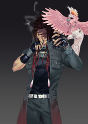  1boy absurdres belt bird black_background black_coat black_gloves black_pants black_shirt blue_eyes bracelet brown_hair coat cockatoo commentary_request dark_background dramatical_murder dreadlocks eyepatch fingerless_gloves gloves highres holding holding_smoking_pipe jewelry kiseru kitikumeganer long_hair long_sleeves major_mitchell&#039;s_cockatoo male_focus mink_(dramatical_murder) open_clothes open_mouth pants parrot pocket shirt short_sleeves simple_background single_sleeve smoke smoking smoking_pipe standing tori_(dramatical_murder) white_belt 