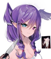  absurdres bare_shoulders blue_eyes blurry braid collarbone commentary depth_of_field english_commentary female hair_between_eyes hair_ornament hairclip head_wings heterochromia highres knife knife_cat_(meme) long_hair looking_at_viewer maru_ccy meme nijisanji nijisanji_en oerba_yun_fang photo_inset pointy_ears portrait purple_eyes purple_hair reference_inset selen_tatsuki shirt simple_background skin_fang twin_braids virtual_youtuber white_background white_shirt wings 