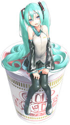  aqua_hair aqua_nails aqua_necktie bad_id bad_pixiv_id bare_shoulders black_skirt black_sleeves black_thighhighs blue_eyes boots breasts commentary detached_sleeves drooling female full_body grey_shirt hair_ornament half-closed_eyes hands_on_own_thighs hatsune_miku headphones highres long_hair looking_at_viewer nail_polish necktie nissin_cup_noodle noodle_stopper open_mouth rsk_(tbhono) shirt sitting skirt sleeveless sleeveless_shirt small_breasts solo thigh_boots thighhighs twintails very_long_hair vocaloid white_background zettai_ryouiki 