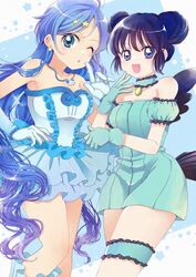  2girls :d ahoge aizawa_mint aqua_choker aqua_gloves armpits bare_shoulders blue_dress blue_eyes blue_hair bracelet breasts bridal_garter collarbone color_connection dark_blue_hair detached_sleeves double_bun dress earrings eyelashes finger_to_mouth frilled_dress frills gloves hair_bun hair_ornament hand_on_own_hip highres houshou_hanon houshou_hanon_(idol) jewelry large_breasts layered_skirt legs_together long_hair looking_at_viewer magical_girl mermaid_melody_pichi_pichi_pitch mew_mint microdress multiple_girls necklace ojou-sama_pose one_eye_closed pendant pointing pointing_at_self puffy_detached_sleeves puffy_sleeves shell shell_necklace short_bangs short_sleeves skirt small_breasts smile star_(symbol) star_earrings star_hair_ornament strapless strapless_dress tareme thighs tokyo_mew_mew tsumugi_meme tube_dress wings 