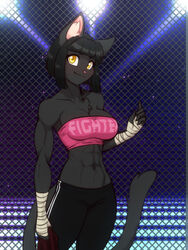  2022 abs anthro arm_wraps blush bottomwear breasts cage cleavage clothed clothing domestic_cat english_text felid feline felis female hi_res las_lindas looking_at_viewer mammal muscular muscular_female pants rachael_saleigh scorpdk solo spotlight text topwear tube_top wraps 