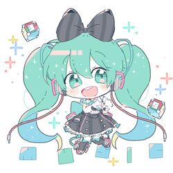  39_music_(vocaloid) aqua_eyes aqua_hair black_bow black_footwear black_skirt blush_stickers boots bow cable chibi cs_voca cube female frilled_skirt frills full_body gloves hairbow hatsune_miku headphones heart heart_hands hoop_skirt long_hair looking_at_viewer lowres magical_mirai_(vocaloid) magical_mirai_miku magical_mirai_miku_(2016) open_mouth shirt skirt sleeveless sleeveless_shirt smile solo twintails very_long_hair vocaloid white_background white_gloves white_legwear white_shirt 