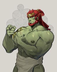  1boy abs absurdres bad_id bad_weibo_id bara bite_mark colored_skin cowboy_shot crown ganondorf grabbing green_skin hand_up highres kuroshima_kurishiro_(muyi24108414) large_pectorals long_hair looking_at_viewer male_focus mature_male muscular muscular_male nipples pectoral_grab pectorals pointy_ears ponytail red_hair shiny_skin solo the_legend_of_zelda the_legend_of_zelda:_tears_of_the_kingdom 