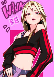  animification black_eyes black_shirt blonde_hair collarbone commentary crop_top cropped_shirt earrings female hands_on_own_hips hoop_earrings itzy jewelry k-pop leaning_to_the_side long_hair long_sleeves midriff open_mouth parted_lips pleated_skirt purple_eyes purple_skirt real_life ryohhe ryujin_(itzy) shirt skirt solo song_name wannabe_(itzy) 