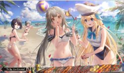  4girls :o ass ball bare_arms bare_shoulders beach beachball beatrice_(masterwork_apocalypse) bikini bird black_bikini black_hair blonde_hair blue_bow blue_eyes blue_one-piece_swimsuit blue_sky blurry bow breasts brown_eyes cameltoe can cleavage cloud cloudy_sky collarbone commentary cooking cowboy_shot crop_top day drink_can english_text eyes_visible_through_hair falling_petals flower food frilled_bikini frills grey_hair grill grilling hair_ornament hair_over_one_eye hand_on_own_cheek hand_on_own_face hand_up hands_up haneru hat holding horizon large_breasts leaning_forward lens_flare long_hair looking_to_the_side masterwork_apocalypse meat medium_breasts multicolored_hair multiple_girls nautilus_(masterwork_apocalypse) navel ocean one-piece_swimsuit open_mouth outdoors outstretched_arm palm_leaf palm_tree pepper_shaker petals sailor_collar shirt short_hair side-tie_bikini_bottom skewer sky smile soda_can standing stomach stone sunlight surprised swimsuit tongs tree twintails two-tone_hair very_long_hair virgil_(masterwork_apocalypse) water white_bikini white_headwear white_shirt yunei_(masterwork_apocalypse) 