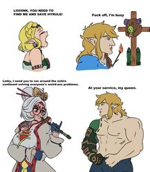  1boy 2girls absurdres backpack bag bare_shoulders blonde_hair blue_eyes blue_gloves blue_pants blue_shirt blush bow-shaped_hair braid breasts champion&#039;s_tunic_(zelda) closed_mouth coat collarbone commentary crown_braid crucifixion crying crying_asagiri_aya_(meme) dress earrings english_commentary english_text eye_contact eyewear_on_head fire flat_color flute flying_sweatdrops from_side glasses gloves grey_coat grey_hair grey_shirt hair_ornament hair_stick half_gloves hand_up happy headband high_collar highres holding holding_instrument instrument jewelry korok large_breasts light_blush link long_sleeves looking_at_another medium_hair meme multiple_girls multiple_views muscular muscular_male navel necklace nervous nipples open_clothes open_coat open_mouth pants parted_lips pectorals pinky_out pointy_ears princess_zelda profanity profile prosthesis purah raised_eyebrows recorder red-framed_eyewear red_eyes red_headband rocket round_eyewear sad sheikah shirt short_hair sidelocks sleeveless sleeveless_shirt smile standing stick stomach strapless strapless_dress talking tears teeth the_legend_of_zelda the_legend_of_zelda:_tears_of_the_kingdom theupbringer topless_male truth upper_body wood yes_chad_(meme) zonai_device 