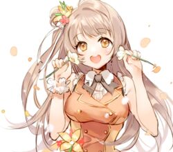  :d black_bow blush bow breasts collared_shirt commentary_request female flower frilled_cuffs hair_bun holding holding_flower idol light_brown_hair long_hair looking_at_viewer love_live! love_live!_school_idol_festival love_live!_school_idol_project minami_kotori one_side_up open_mouth orange_eyes orange_vest pf shirt single_hair_bun sleeveless sleeveless_shirt smile solo upper_body vest white_background white_flower white_shirt wrist_cuffs 