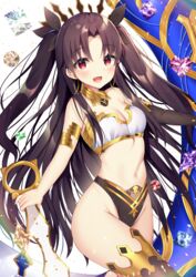  :d aozora_nan black_hair black_ribbon blush breasts cleavage commentary_request earrings fate/grand_order fate_(series) female groin hair_between_eyes hair_ribbon heavenly_boat_maanna highres holding holding_sword holding_weapon hoop_earrings ishtar_(fate) jewelry long_hair looking_at_viewer navel open_mouth parted_bangs red_eyes ribbon small_breasts smile solo sword tiara two_side_up very_long_hair weapon white_background 