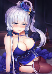  arm_support azur_lane bare_shoulders blue_choker blue_dress blue_eyes blush bottle breasts choker cleavage commentary_request criss-cross_halter cross_hair_ornament cup dress drinking_glass female flower garter_straps gloves hair_flower hair_ornament hair_ribbon half-closed_eyes halterneck highres illustrious_(azur_lane) illustrious_(never-ending_tea_party)_(azur_lane) indoors large_breasts light_purple_hair long_hair looking_at_viewer love_makira mole mole_under_eye night official_alternate_costume on_bed purple_thighhighs red_flower red_rose ribbon rose sash side_ponytail sidelocks sitting smile solo strap_pull tareme thighhighs tress_ribbon yokozuwari 