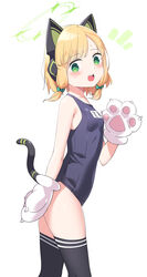  absurdres animal_ear_headphones animal_ears animal_hands black_thighhighs blonde_hair blue_archive blush breasts bright_pupils cat_paws commentary covered_navel fake_animal_ears female from_side gloves green_eyes halo hand_up headphones highres kandori looking_at_viewer midori_(blue_archive) notice_lines one-piece_swimsuit open_mouth paw_gloves school_swimsuit short_hair simple_background slit_pupils small_breasts solo sweat swimsuit symbol-only_commentary tail teeth thighhighs upper_teeth_only white_background white_pupils 