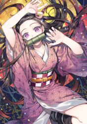  asa_no_ha_(pattern) bamboo bit_gag black_hair breasts brown_hair checkered_sash commentary_request female fingernails floating_hair gag gradient_hair hair_ribbon hands_up japanese_clothes kamado_nezuko kimetsu_no_yaiba kimono knee_up leg_warmers long_hair long_sleeves looking_at_viewer mouth_hold multicolored_hair noes obi palms pink_eyes pink_kimono pink_ribbon ribbon sash sharp_fingernails slit_pupils solo two-tone_hair very_long_hair 