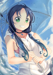  amano_hina_(tenki_no_ko) amano_hina_(tenki_no_ko)_(cosplay) bare_arms black_choker blue_hair blue_sky choker cloud collarbone commentary_request cosplay day female green_eyes grin highres holding holding_umbrella hood hood_down hooded_jacket hoodie jacket kantai_collection long_hair low-cut_armhole low_twintails outdoors partial_commentary photoshop_(medium) sky sleeveless sleeveless_hoodie sleeveless_jacket smile solo suzukaze_(kancolle) tenki_no_ko twintails umbrella upper_body white_hoodie white_jacket yasume_yukito zipper zipper_pull_tab 