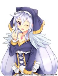  breasts commentary_request cowboy_shot crossover dress edamame_senpai eris_(konosuba) feather_trim female grey_hair hair_between_eyes index_finger_raised jewelry kono_subarashii_sekai_ni_shukufuku_wo! long_hair looking_at_viewer medium_breasts necklace official_art one_eye_closed open_mouth pendant purple_eyes smile solo transparent_background veil vivid_army watermark 