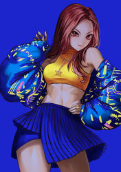  blue_skirt breasts brown_eyes brown_hair chaeryeong_(itzy) crop_top cropped_shirt down_jacket female hands_on_own_hips highres itzy jacket jewelry k-pop kumano_yume looking_at_viewer medium_breasts midriff necklace off_shoulder real_life shirt skirt sleeveless sleeveless_shirt sleeves_past_wrists solo star_(symbol) star_necklace v-shaped_eyebrows wannabe_(itzy) yellow_shirt 