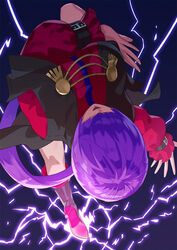  breasts cleavage cropped_jacket electricity facing_viewer female hair_over_eyes high_heels highres jacket jewelry kicking large_breasts lightning lips long_hair long_sleeves md5_mismatch open_mouth orochi_shermie pencil_skirt ponytail purple_hair red_jacket red_skirt resolution_mismatch shermie_(kof) skirt solo source_larger the_king_of_fighters yagi2013 