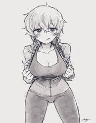  :p amane_suzuha braid breasts cheshigom cleavage female greyscale highres jacket large_breasts long_hair long_sleeves looking_at_viewer monochrome pants shirt signature simple_background solo steins;gate steins;gate_0 tongue tongue_out twin_braids unzipped white_background 