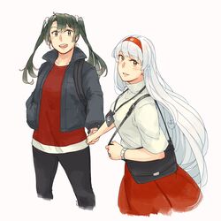  2019 2girls alternate_costume backpack bag black_jacket blouse blush breasts brown_eyes collarbone commentary_request cropped_legs green_eyes green_hair grey_hair hair_between_eyes hair_ribbon hairband hand_in_pocket handbag holding_hands id_card jacket japan_airlines kantai_collection logo long_hair long_sleeves looking_at_viewer multiple_girls open_mouth pants parted_lips red_hairband red_skirt red_sweater ribbon round_teeth shirt short_sleeves shoukaku_(kancolle) simple_background skirt smile sweater teeth turtleneck twintails weidashming white_background white_hair white_ribbon white_shirt zuikaku_(kancolle) 