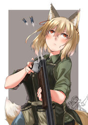  1boy animal_ear_fluff animal_ears ayyh blonde_hair break_action casing_ejection commentary_request double-barreled_shotgun earplugs female fox_ears fox_girl fox_tail glasses gun hat highres holding holding_gun holding_weapon orange_eyes original shell_casing short_hair shotgun shotgun_shell simple_background smoke tail weapon 