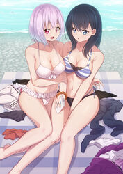  2girls :d :o absurdres animal_print bad_id bad_pixiv_id barefoot beach bikini black_bikini black_hair blue_eyes breasts caibao_return chinese_commentary cleavage collarbone commentary_request day frilled_bikini frills gridman_universe highres large_breasts layered_bikini looking_at_viewer mismatched_bikini multiple_girls navel open_mouth orange_scrunchie outdoors pink_hair red_eyes scrunchie shinjou_akane short_hair side-tie_bikini_bottom sitting smile ssss.gridman swimsuit takarada_rikka tiger_print unworn_clothes water white_bikini wrist_scrunchie 