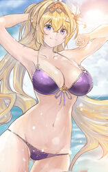  arms_behind_head bad_id bad_pixiv_id bikini blonde_hair blue_eyes blue_sky breasts cleavage cloud collarbone cowboy_shot day female flower front-tie_bikini_top front-tie_top granblue_fantasy hair_flower hair_ornament hairband highres jeanne_d&#039;arc_(granblue_fantasy) jeanne_d&#039;arc_(summer)_(granblue_fantasy) large_breasts long_hair looking_at_viewer navel ocean official_alternate_costume outdoors photoshop_(medium) ponytail purple_bikini rosie99 sky smile solo standing swimsuit tiara water 