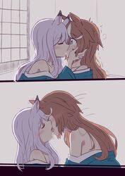  2girls absurdres animal_ears blush brown_hair closed_eyes french_kiss fukodesu hand_on_another&#039;s_cheek hand_on_another&#039;s_face highres horse_ears horse_girl kissing long_hair mejiro_mcqueen_(umamusume) multiple_girls purple_hair pushing_down saliva saliva_drip surprise_kiss surprised tokai_teio_(umamusume) tongue tongue_out umamusume yuri 