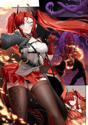  absurdres arknights asymmetrical_clothes black_panties blue_eyes breasts choker clenched_teeth female fire half-skirt highres large_breasts long_hair lsc5 panties pantyshot red_choker red_hair tail teeth tentacle thighhighs toddifons_(arknights) twintails underwear 