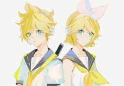  1boy bare_shoulders bass_clef blonde_hair blue_eyes bow collarbone commentary expressionless female fortissimo grey_background hair_ornament hairbow hairclip headphones headset highres instrument instrument_on_back kagamine_len kagamine_rin keytar looking_at_viewer musical_note neckerchief necktie nima_(nimamann) parted_lips ponytail ribbon sailor_collar school_uniform shirt short_hair short_ponytail short_sleeves shoulder_strap side-by-side simple_background sleeveless sleeveless_shirt spiked_hair swept_bangs upper_body vocaloid white_background white_bow white_shirt yellow_neckerchief yellow_necktie yellow_ribbon 