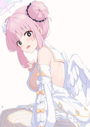  absurdres angel_wings back_cutout black_scrunchie blue_archive blush breasts bright_pupils capelet clothing_cutout cosplay detached_sleeves dress feathered_wings female feza_chen_(ushaku) frilled_ribbon frills hair_bun hair_ornament halo highres large_breasts looking_at_viewer low_wings md5_mismatch mika_(blue_archive) open_mouth pink_hair pink_halo ribbon scrunchie seia_(blue_archive) seia_(blue_archive)_(cosplay) sideboob simple_background solo striped_clothes striped_thighhighs thighhighs white_capelet white_dress white_pupils white_wings wings wrist_scrunchie 