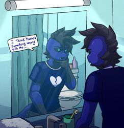  alternative_fashion anthro ash_the_gecko bathroom blue_body blue_eyes broken_heart brush demoncyborg dialogue emo english_text gecko hi_res lizard male punk_hair reptile scalie solo teeth text toothbrush 