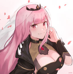  artist_name bracer breasts cleavage cleavage_cutout clothing_cutout commentary english_commentary female from_above from_side gradient_background hololive hololive_english long_hair looking_at_viewer mori_calliope mori_calliope_(1st_costume) orinte petals pink_eyes pink_hair smile solo tiara upper_body veil virtual_youtuber white_background 