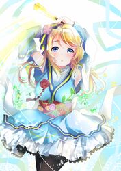  angelic_angel ayase_eli birthday blonde_hair blue_eyes breasts commentary_request depe detached_sleeves female floral_print flower hair_down hair_ornament hand_fan highres japanese_clothes kimono looking_at_viewer love_live! love_live!_school_idol_project love_live!_the_school_idol_movie medium_breasts pantyhose rose sidelocks solo 