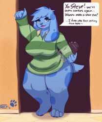  2021 anthro anthrofied artist_name big_breasts biped blue&#039;s_clues blue_(blue&#039;s_clues) blue_body blue_eyes blue_fur blue_hair blue_markings bottomless breasts canid canine canis clothed clothing container cookie_jar curvy_figure dated domestic_dog doorway english_text eyebrows eyelashes female floppy_ears fur green_clothing green_shirt green_topwear hair hi_res hindpaw holding_jar huge_thighs in_doorway inside jar kooriki long_sleeve_shirt mammal markings nickelodeon open_mouth pattern_clothing pattern_shirt pattern_topwear paws shirt shirt_only solo speech_bubble striped_clothing striped_shirt striped_topwear stripes tail text thick_thighs topwear topwear_only voluptuous 