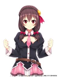  belt braid breasts brown_hair center_opening cleavage cleavage_cutout clenched_hands clothing_cutout commentary_request crossover crown_braid edamame_senpai female hair_ornament hair_ribbon kono_subarashii_sekai_ni_shukufuku_wo! long_sleeves looking_at_viewer medium_breasts medium_hair necktie official_art pink_necktie red_eyes ribbon skirt smile solo transparent_background tress_ribbon vivid_army watermark yunyun_(konosuba) 