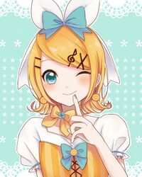  ai10_k00 aqua_background aqua_bow aqua_bowtie aqua_eyes aqua_nails blonde_hair blush bow bowtie commentary earrings female finger_to_mouth food food-themed_earrings fruit hair_ornament hairbow hairclip hand_up highres index_finger_raised jewelry kagamine_rin lace_background looking_at_viewer musical_note musical_note_hair_ornament nail_polish one_eye_closed orange-shaped_earrings orange_(fruit) orange_bow orange_bowtie orange_shirt puffy_sleeves shirt short_hair short_sleeves smile solo swept_bangs treble_clef upper_body vocaloid white_bow white_shirt 