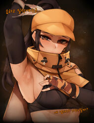  arm_up armpits bababababan bad_id bad_pixiv_id black_survival blush breasts brown_eyes brown_hair cape clothes_pull commentary_request crop_top detached_sleeves eternal_return:_black_survival female fingerless_gloves gloves hat hat_feather high_ponytail highres impossible_clothes impossible_shirt korean_commentary korean_text large_breasts long_hair looking_at_viewer nadine_chandrawinata orange_hat shirt shirt_pull sideboob solo sweat sweaty_armpits upper_body 