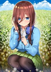  blue_cardigan blue_eyes blue_sky brown_hair cardigan closed_mouth cloud collared_shirt commentary dandelion day female flower go-toubun_no_hanayome green_skirt hair_between_eyes headphones headphones_around_neck hiroki_(hirokiart) holding holding_flower long_hair long_sleeves looking_at_viewer nakano_miku outdoors pantyhose pleated_skirt shirt skirt sky smile solo squatting white_shirt 