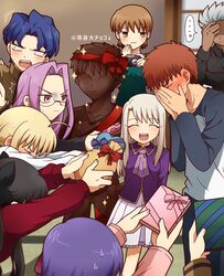  4boys 6+girls ahoge apron archer_(fate) artoria_pendragon_(fate) black_hair blonde_hair blouse blue_hair bowing brother_and_sister brown_hair camera covering_own_mouth danshi_koukou_valentine_(meme) dark-skinned_male dark_skin emiya_shirou facepalm fate/stay_night fate_(series) fujimura_taiga gift giving glasses hair_ribbon highres homurahara_academy_school_uniform illyasviel_von_einzbern long_hair matou_sakura matou_shinji medusa_(fate) medusa_(rider)_(fate) meme multiple_boys multiple_girls orange_hair pink_shirt purple_hair purple_shirt raglan_sleeves red_ribbon ribbon ryuudou_issei saber_(fate) school_uniform shirt short_hair siblings sisters spiked_hair striped_clothes striped_shirt sweater tohsaka_rin translated tsubuta_hiro tsundere two_side_up valentine very_long_hair wavy_hair white_hair white_shirt 