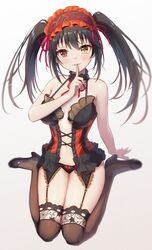  black_hair blush breasts clock_eyes date_a_live female finger_to_mouth full_body garter_belt hairband hand_up heterochromia highres index_finger_raised lace-trimmed_legwear lace_trim lingerie long_hair looking_at_viewer navel neck_garter parted_lips red_eyes sauvignon shoes shushing simple_background sitting solo stomach symbol-shaped_pupils thighhighs thighs tokisaki_kurumi twintails underwear wariza white_background yellow_eyes 