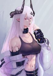  :p abs arknights bare_shoulders black_choker black_gloves black_sports_bra breasts choker cleavage collarbone colored_eyelashes commentary crop_top female food gloves grey_background hair_between_eyes hand_up highres holding holding_food horns ice_cream ice_cream_cone long_hair long_sleeves material_growth medium_breasts midriff mudrock_(arknights) mudrock_(elite_ii)_(arknights) navel off_shoulder oripathy_lesion_(arknights) pointy_ears red_eyes sarashi solo sports_bra stomach tofucakes tongue tongue_out upper_body white_hair 