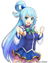  aqua_(konosuba) aqua_eyes aqua_hair arm_warmers armpit_peek bow bowtie breasts commentary_request cowboy_shot crossover dress edamame_senpai female green_bow green_bowtie hair_bobbles hair_ornament hair_rings kono_subarashii_sekai_ni_shukufuku_wo! long_hair looking_at_viewer medium_breasts miniskirt official_art open_mouth pleated_skirt short_dress skirt smile solo thighs transparent_background vivid_army watermark 