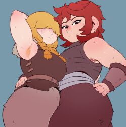  2girls armpit_fetish armpit_hair armpits blonde_hair blush braid braided_hair braided_pigtails braided_twintails braids clothed cowboy_shot daya_(dungeon_meshi) delicious_in_dungeon dungeon_meshi dwarf dwarf_female fully_clothed hair_covering_eyes hair_over_eyes hand_on_hip looking_at_viewer looking_down looking_down_at_viewer low-angle_view lurkin lurkinpanda namari_(dungeon_meshi) red_hair shortstack 