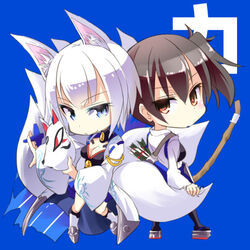  2girls animal_ears apron archery arrow_(projectile) azur_lane black_thighhighs blue_background blue_eyes bow_(weapon) breasts brown_eyes brown_hair chibi cleavage commentary_request crossover fox_ears fox_tail hair_between_eyes historical_name_connection holding holding_another&#039;s_tail holding_bow_(weapon) holding_weapon japanese_clothes kaga_(azur_lane) kaga_(kancolle) kantai_collection kazekawa_nagi kyuudou large_breasts long_hair looking_at_viewer multiple_girls multiple_tails muneate name_connection quiver short_hair side_ponytail socks tail tasuki thighhighs weapon white_hair white_socks wide_sleeves yumi_(bow) 